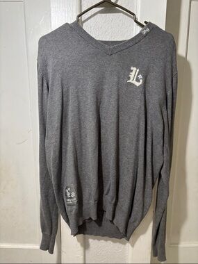 LRG Men's Gray V-Neck Sweater with Embroidered 'L'